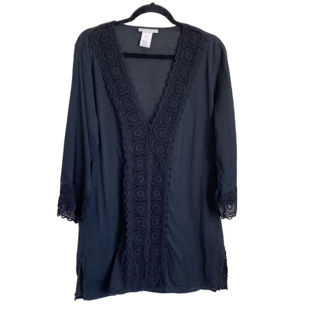 La Blanca Crochet Black Tunic Top Coverup Size Medium V-Neck Resort Beach Boho